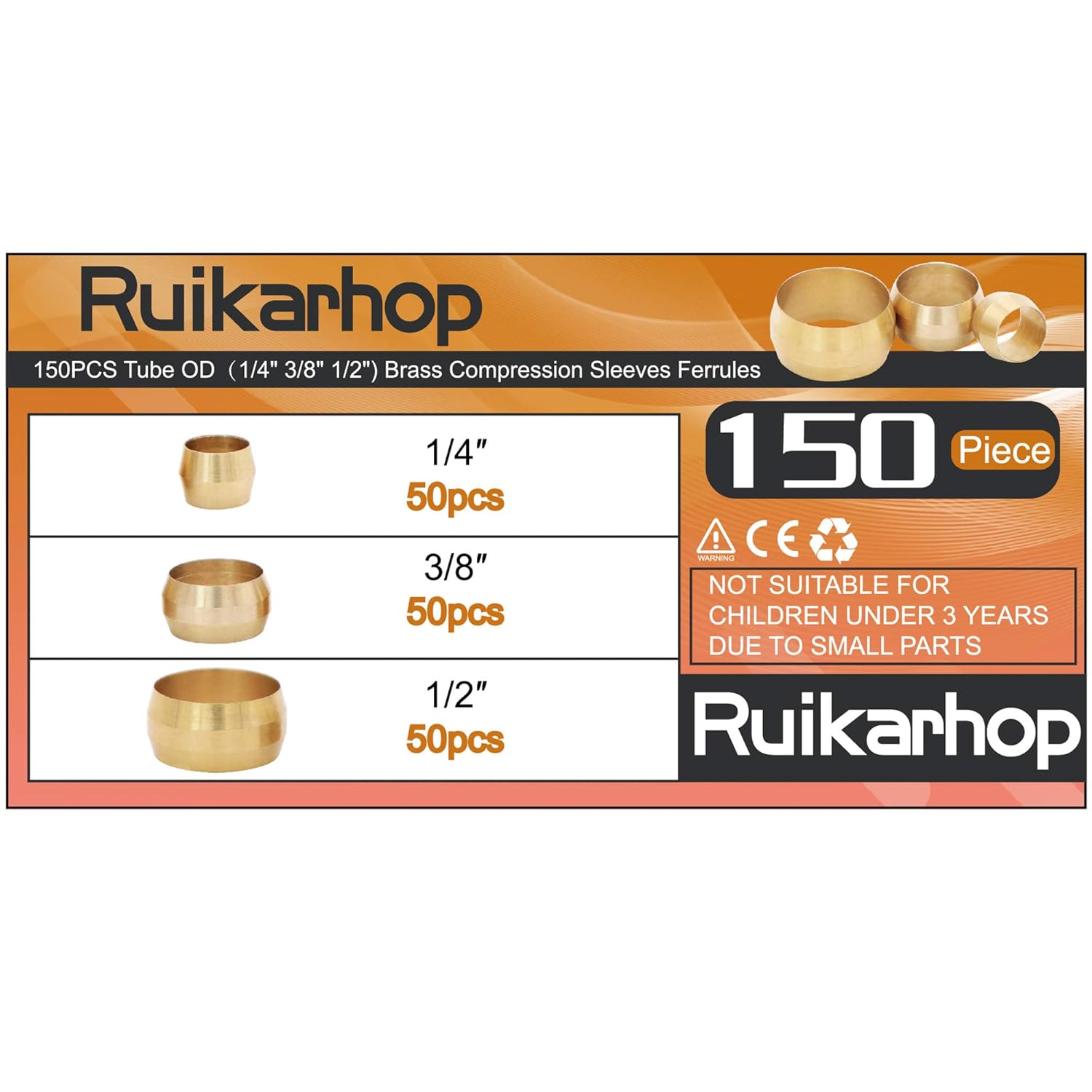 Ruikarhop 150PCS Tube OD（1/4" 3/8" 1/2") Brass Compression Sleeves Ferrules,Brass Compression Fitting Assortment Kit: Home Improvement