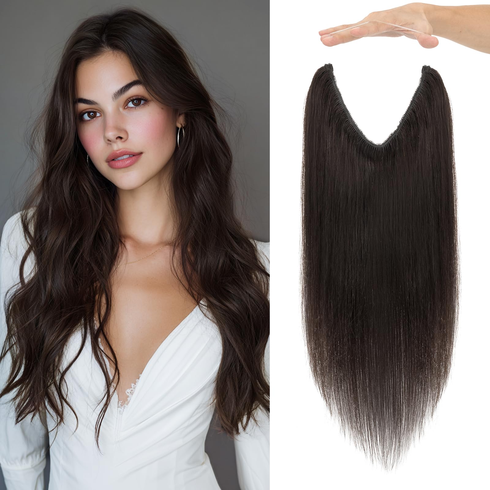 Photo 1 of Charites Halo Hair Extensions Real Human Hair Invisible Wire Extensions with Transparent Fish Line Adjustable Size Natural Black 18 inch