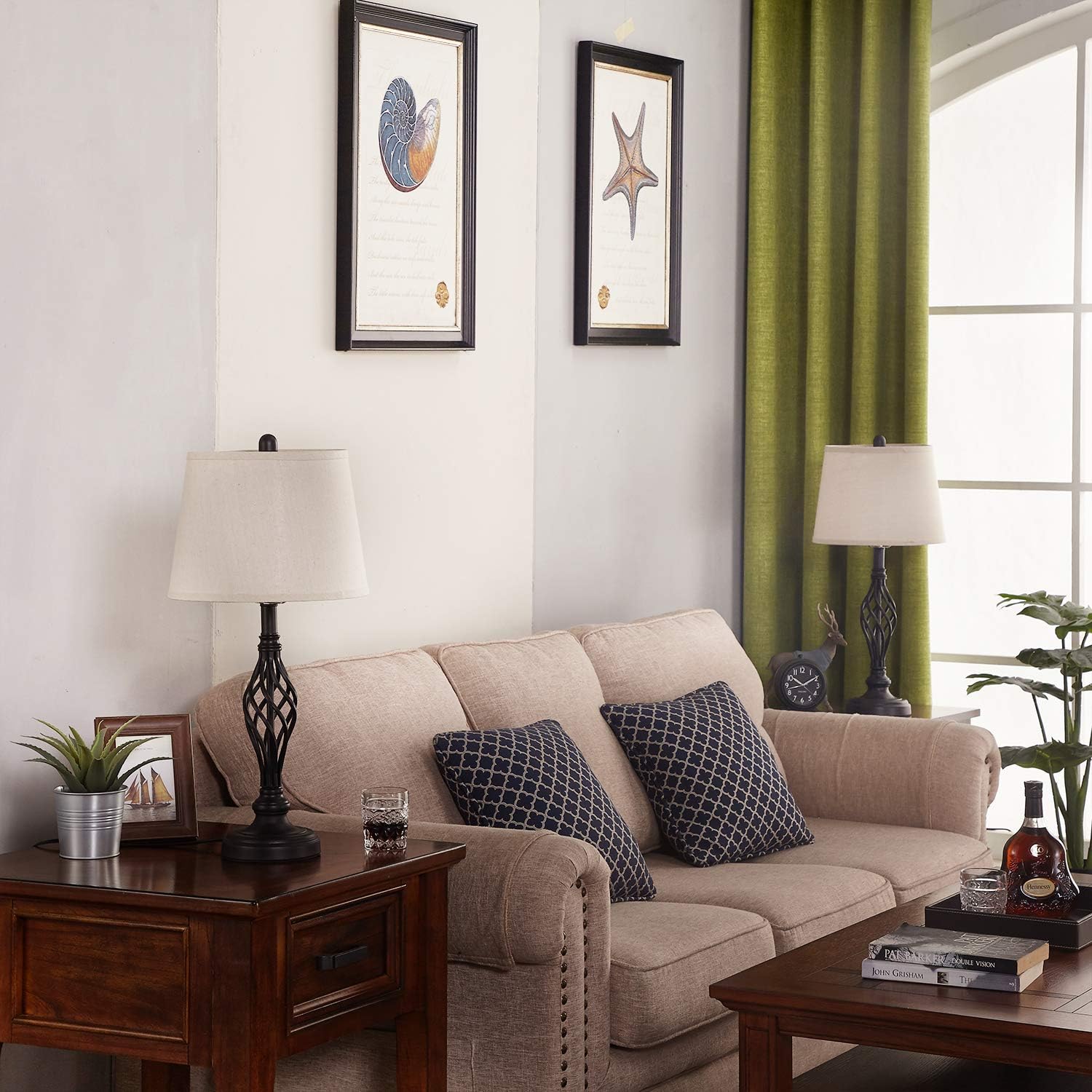 Vintage Table Lamp Set, Kakanuo Traditional Bedside Lamp with Spiral Cage Design Base, Cream Drum Shade Large Retro Table Lamp for Bedroom, Living Room, Set of 2: Home Improvement