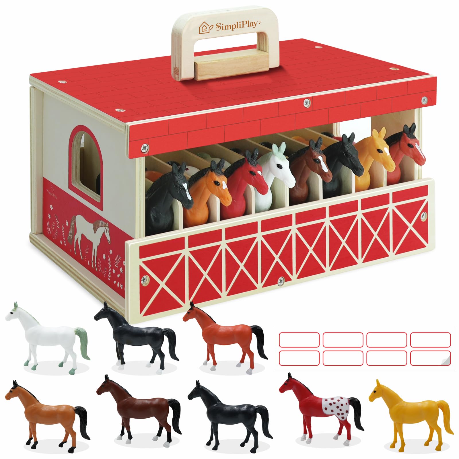 SIMPLIPLAY Wooden Horse Stable Playset, 8pcs Horse Toys with Take-along Horse Stable and Name Sticker, Farm Animals Toys for Kids 3-5, Toy Horses for Girls 6-12, Gift for Boys Girls Birthday Christmas