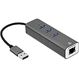 Amazon Basics Aluminum 3-Port USB 3.0 Hub with 10/100/1000 Mbps RJ45 Gigabit Ethernet Port, Grey