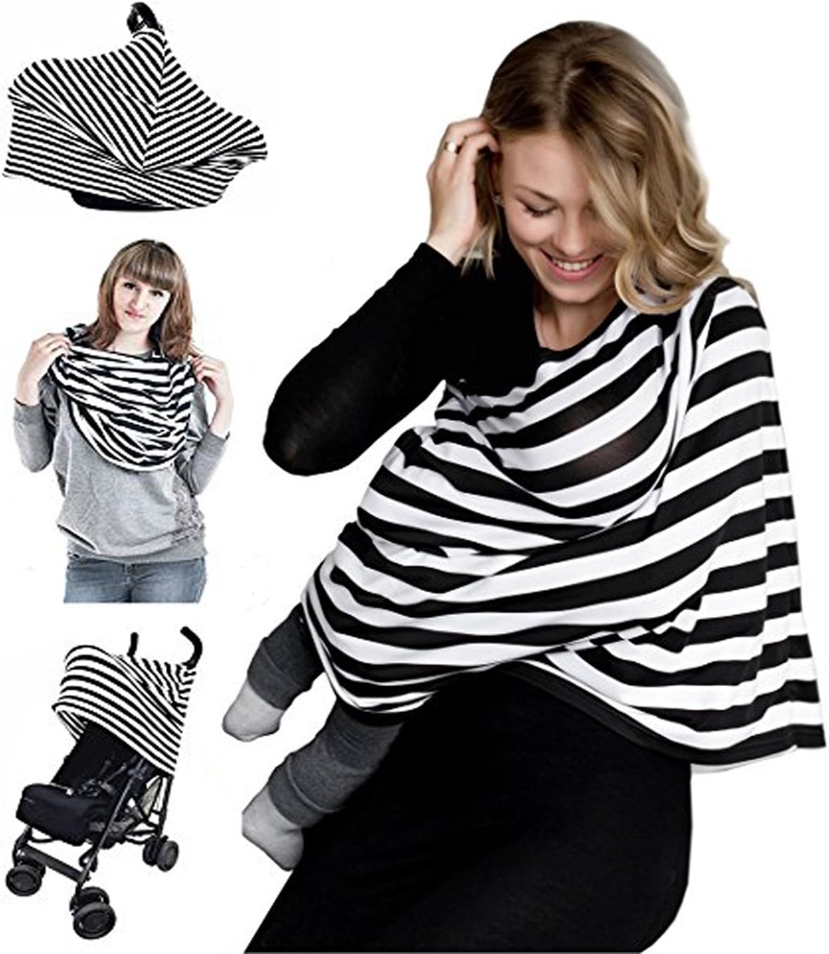 Nursing Breastfeeding Cover Scarf, Shopping Cart Cover, Stroller Cover, Best Multi-Use Infinity Stretchy Shawl (black&white)