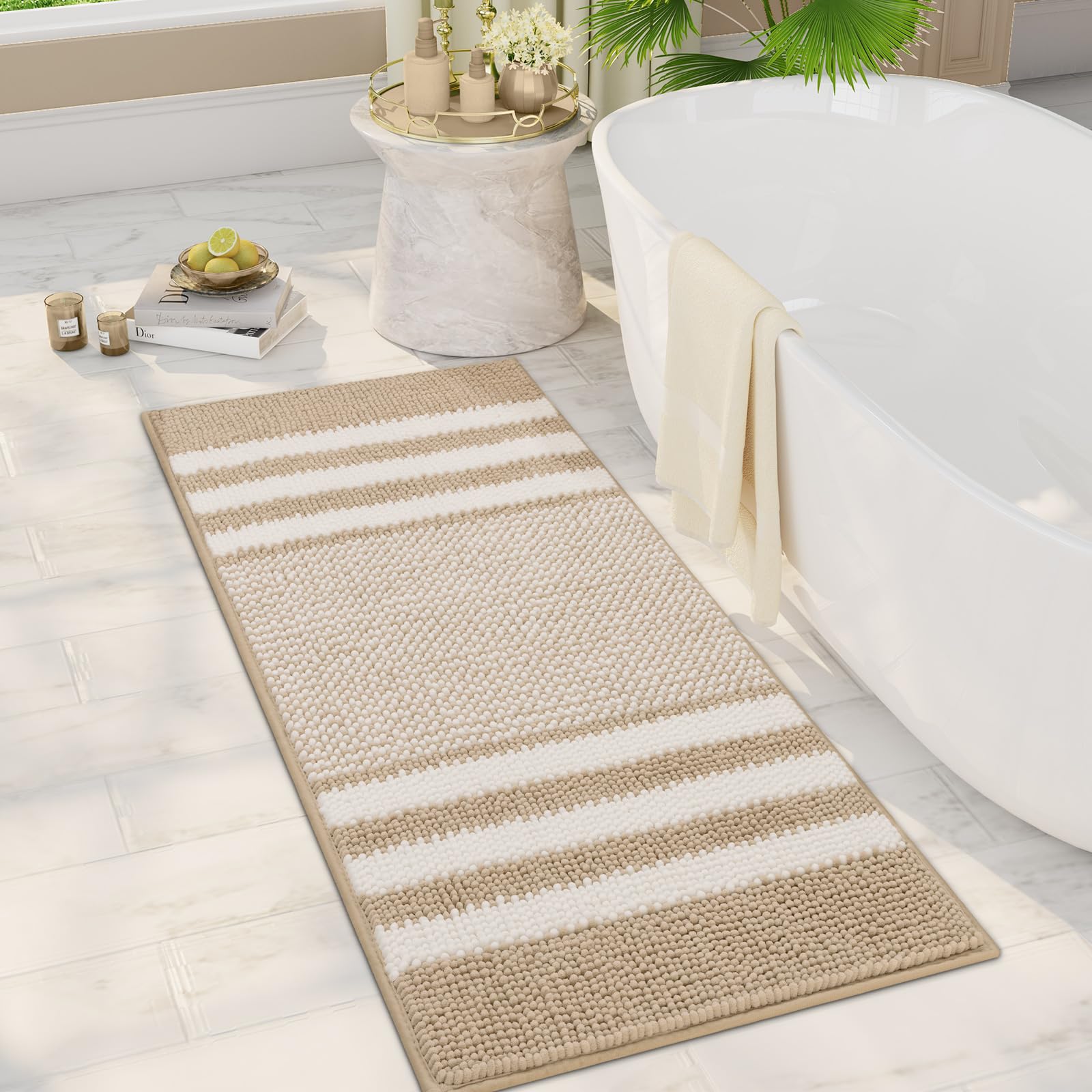 Biscpro Bath Mat Rug Extra Soft and Absorbent Fluffy Striped Chenille,Non Slip Shaggy Bathroom Floor Mat,Machine Washable (Khaki, 50 x 120 cm)