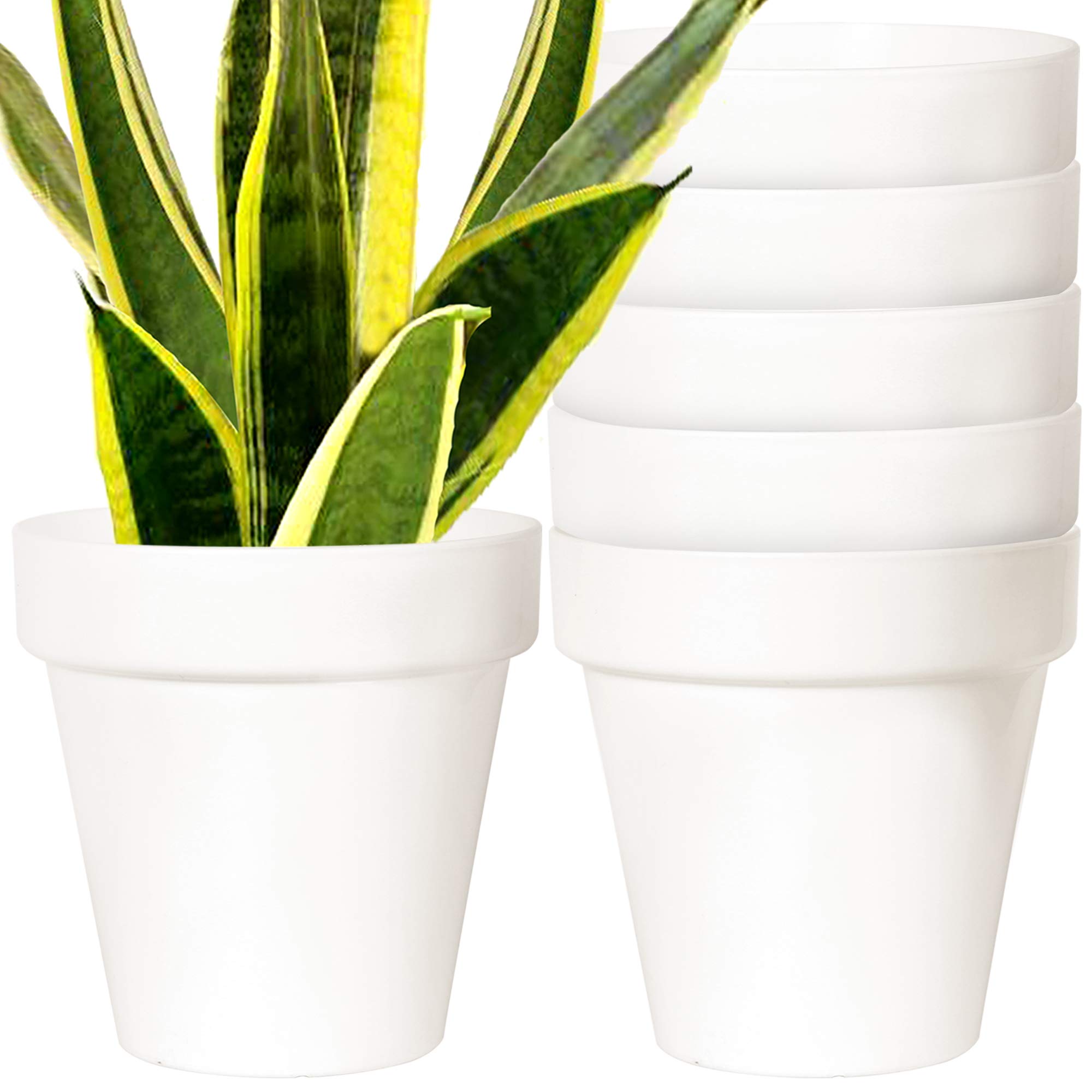Youngever 7 Pack 16CM Plastic Planters, Indoor Flower Plant Pots, Classic Decorative Gardening Pot with Drainage(White no Saucers)