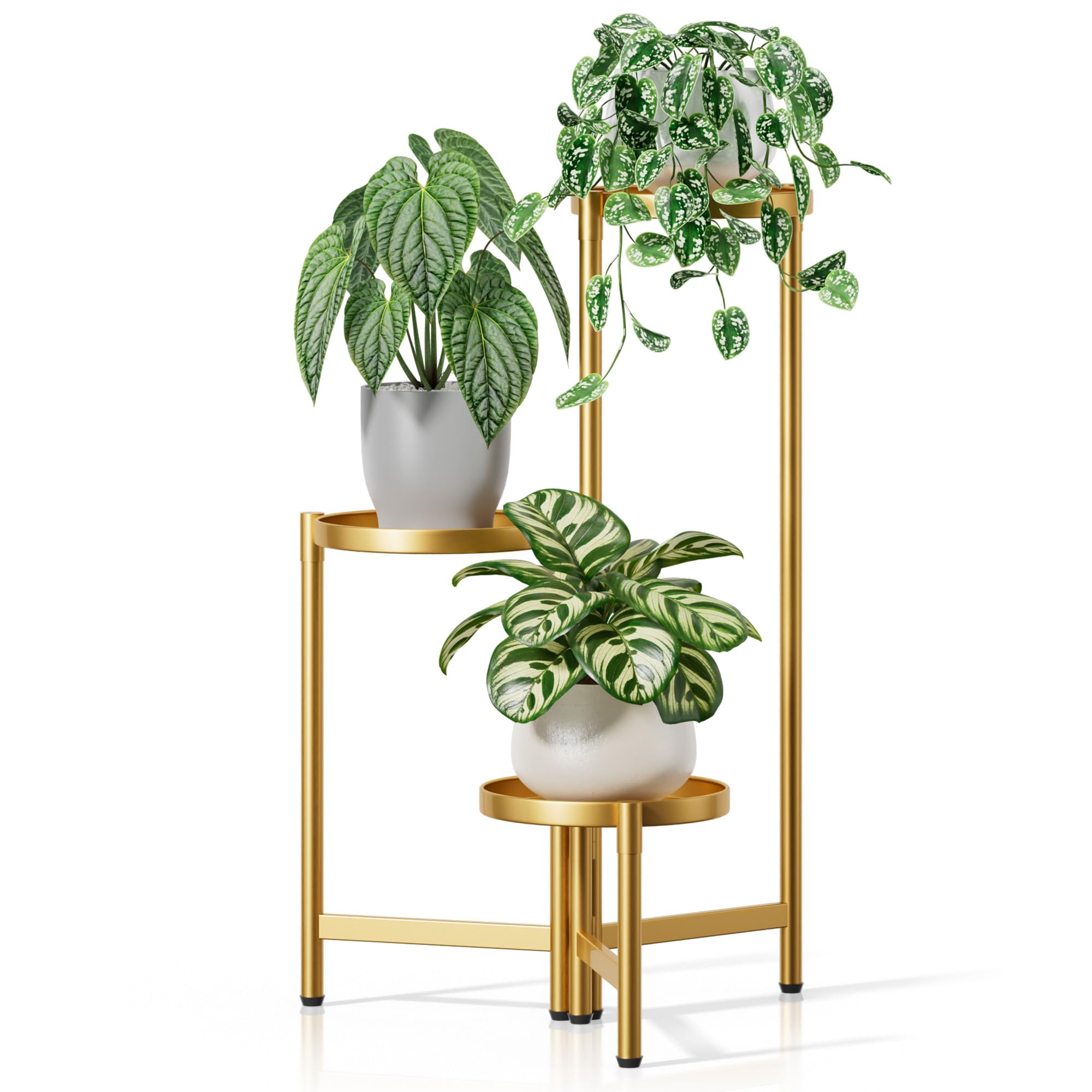 NQW 3 Tiered Plant Stand Indoor Adjustable Folding Rack Gold 7.9 Inch Tray