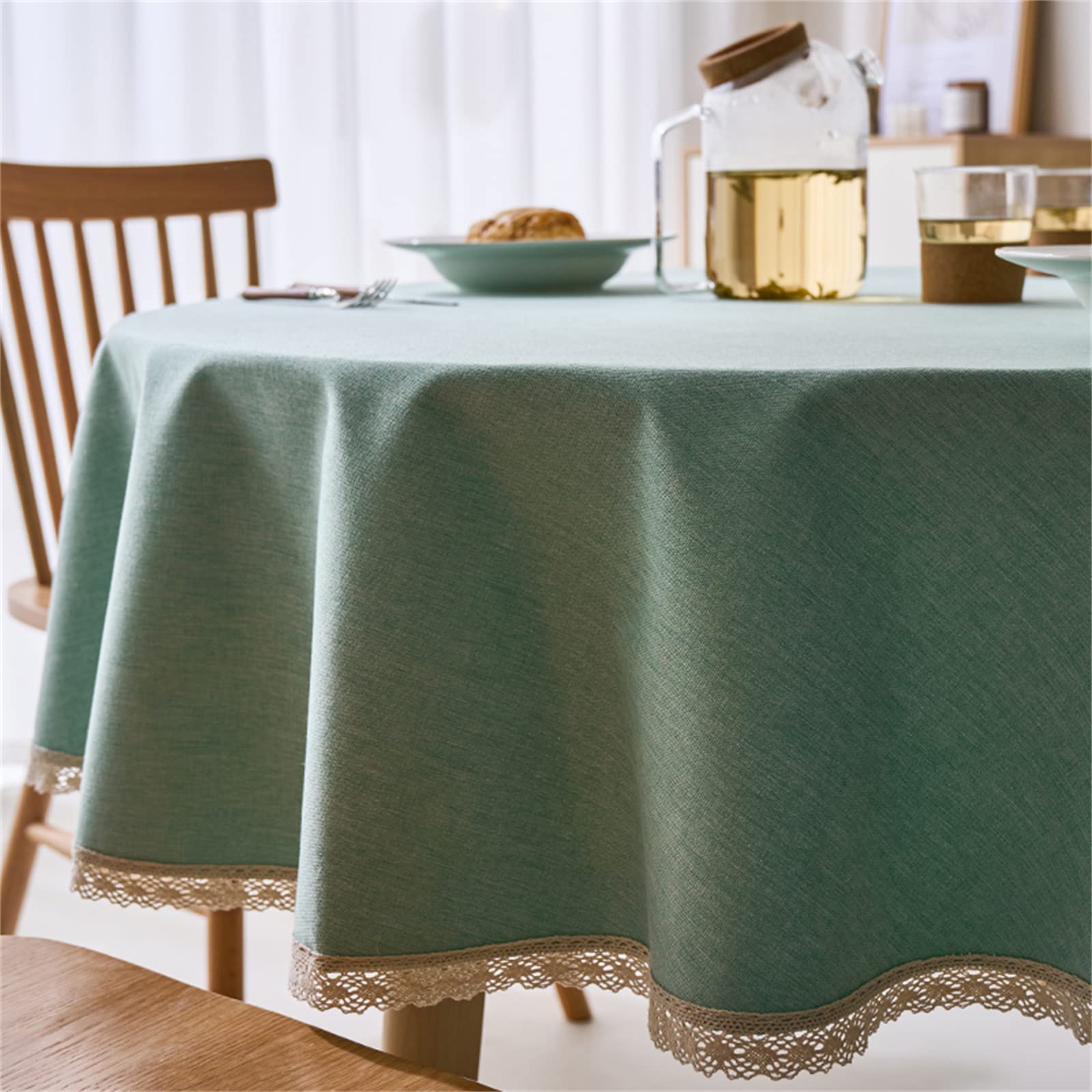 Photo 1 of Linen Textured Round Tablecloth with Lace Trim - Waterproof Spill Proof Table Cover for Kitchen Dining Tabletop Decoration, Green, Round - 78 inch