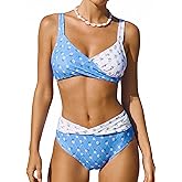 CUPSHE Women's Bikini Sets Two Piece Swimsuit V Neck Twist Front Back Self Tie Wide Adjustable Straps Mid Rise