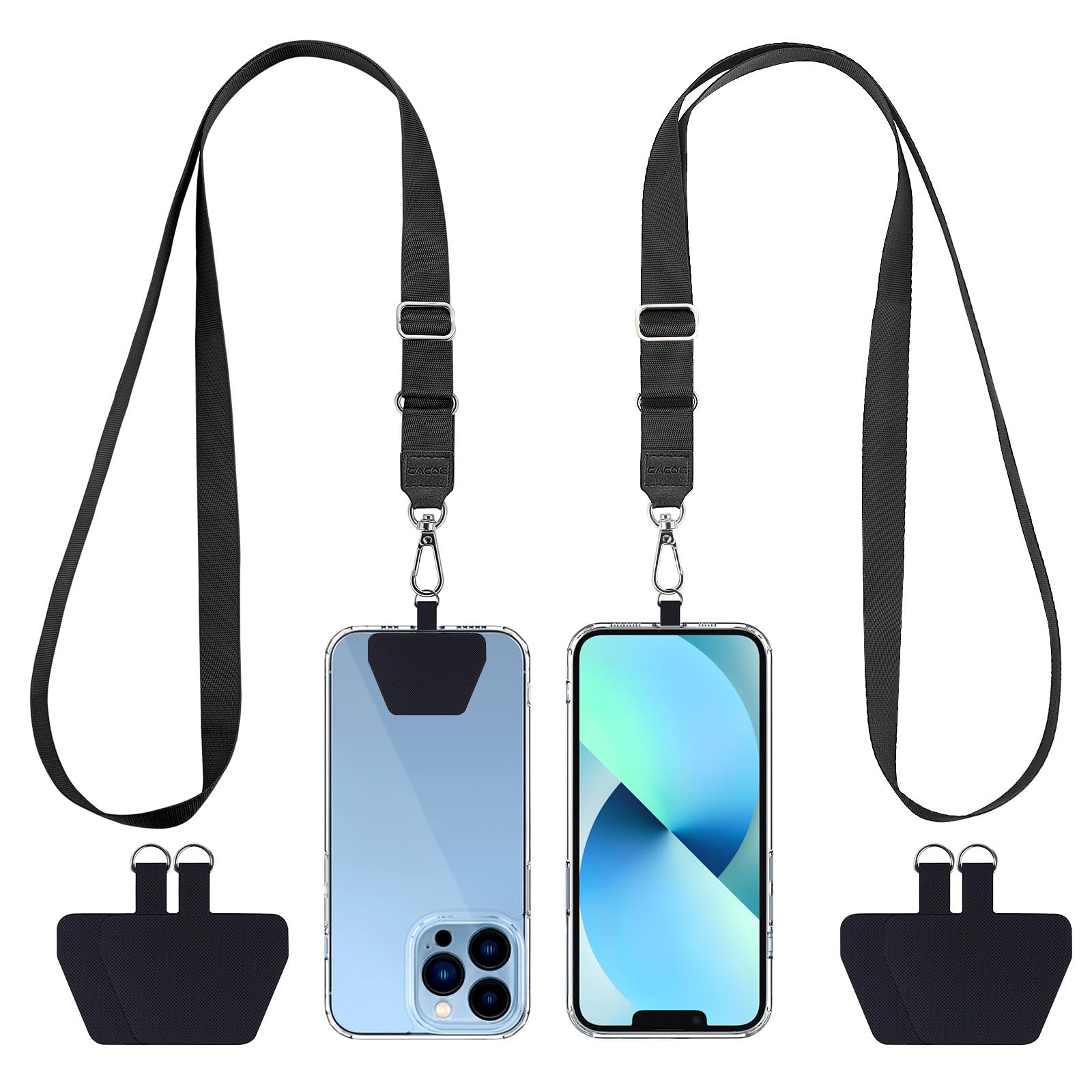 CACOE Phone Lanyard 2 Pcs Adjustable Neck Strap,4 Pcs Patches,Multifuctional Patch Polyester Phone Lanyards Compatible with Most Smartphones(Black+Black)
