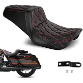 Xitqiooo One-Piece Seat Driver &amp; Passenger Seat 2-Up Fit For 2008-2025 2026 Harley Touring Road King FLHR Road Glide FLTR Street Glide FLHX Electra Glide Ultra Limited FLHT, Red Stitching