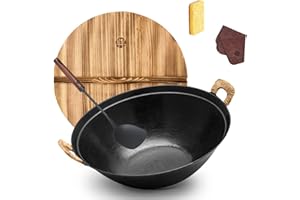 WANGYUANJI 14.2" Cast Iron Wok with Wooden Lid, Double-Handle Flat-Bottom Stir-Fry Pan, Coating-Free — Not Pre-Seasoned (Seas