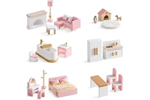 ROBOTIME Wooden Dollhouse Furniture Set, 28 PCS Miniature Dollhouse Furniture with 6 Room Kits, Dollhouse Accessories and Pretend Play Furniture, Gift for Boys and Girls Ages 3+