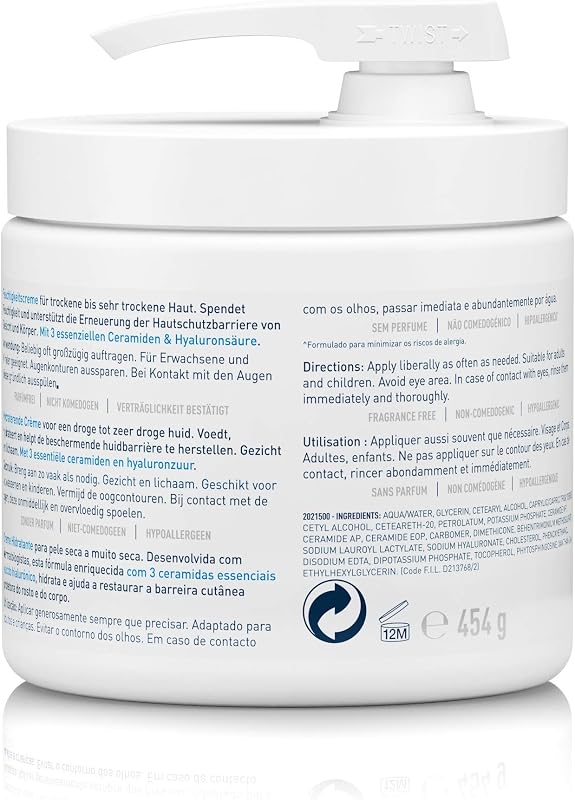 Baume Hydratant Visage & Corps, Hydratation 48H, Technologie MVE + 3 Céramides + Acide Hyaluronique, Approuvé Association Française de l'Eczéma, Sans Parfum, Peaux Sèches, 454 g