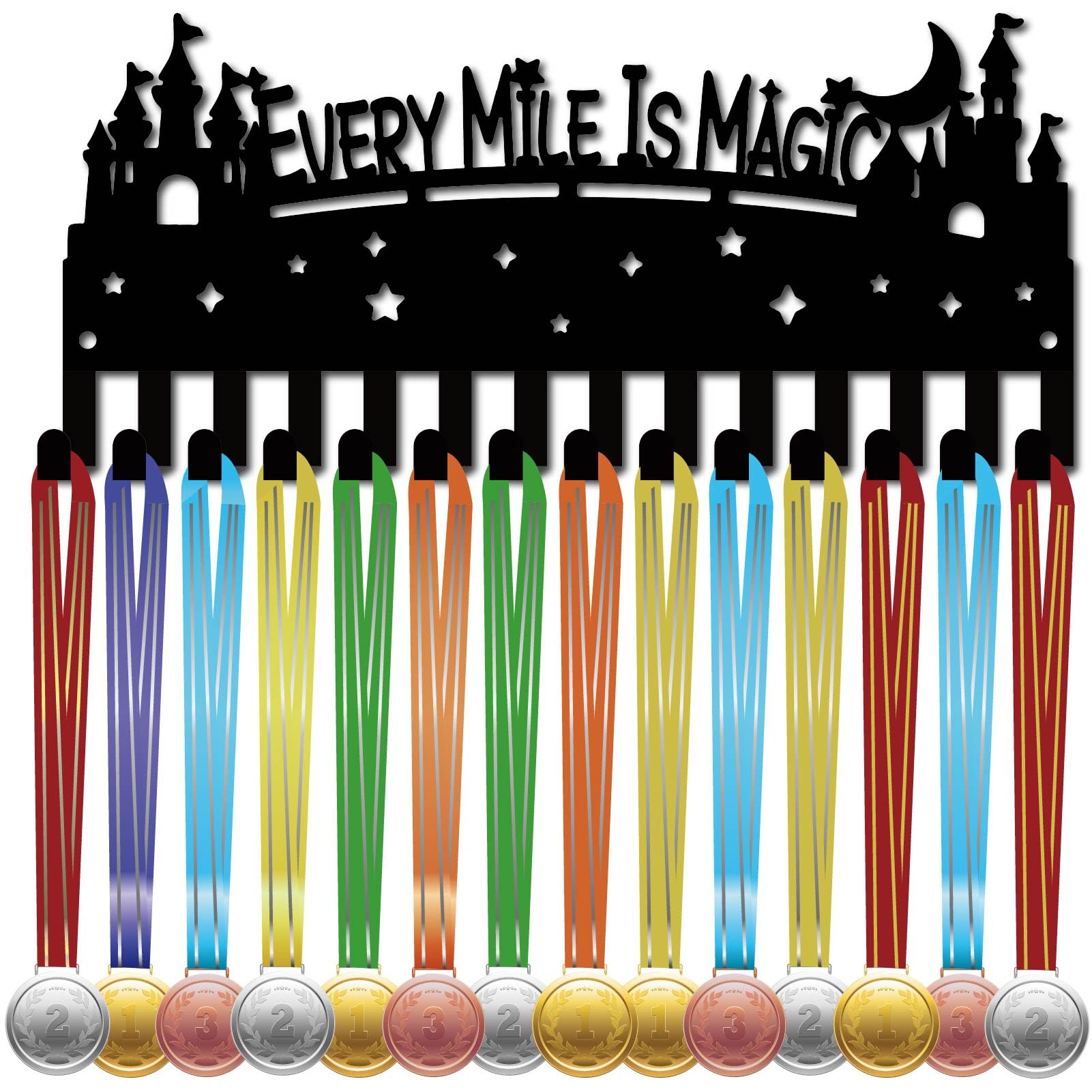 CREATCABIN Castle Medal Hangers Medal Holders Display Metal Small Medal Rack Organizer Plaques Hanger Black Wall Mounted with 14 Hooks for Awards Ribbons Sports Race 11.4x5Inch-Every Mily Is Magic