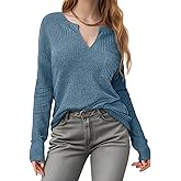 Flamingals Womens Waffle Knit Long Sleeve Tunic Tops for Women Solid Pocket Front Dressy Casual V Neck Shirts Tops