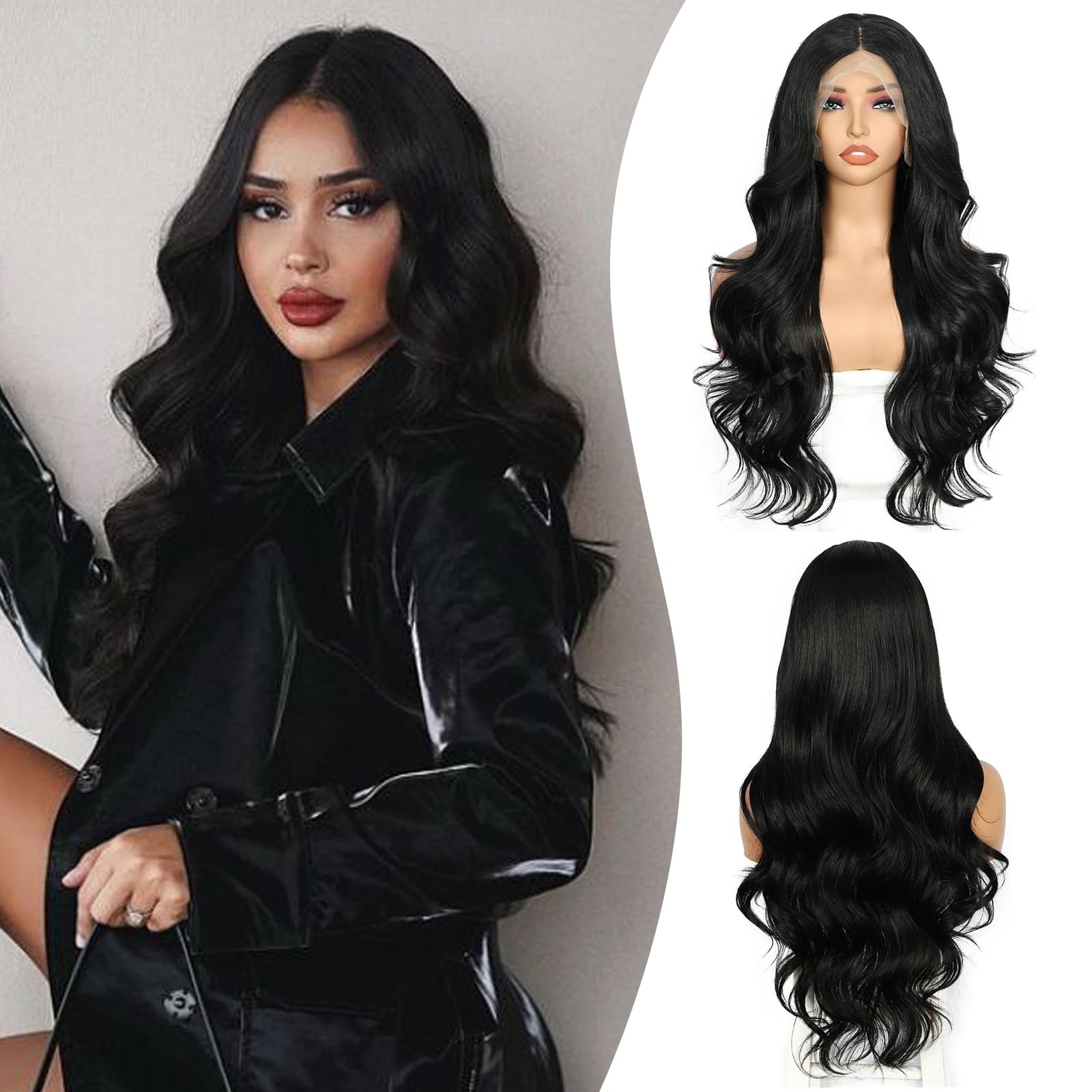 Sapphirewigs Lace Front Wig Synthetic Black 13x4 Body Wave Synthetic Lace Front Wigs Party Date Daily Wear Christmas Natural Looking 26 inch — image 1