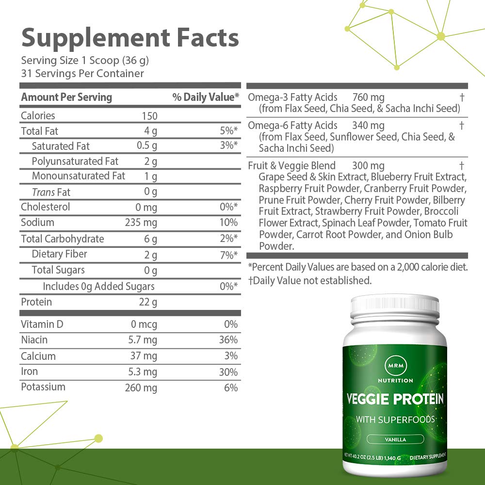 MRM - Veggie Protein Powder, Protein Source for Vegans, Gluten-Free & Preservative-Free, Non-GMO Verified - Vanilla - 2.5 lbs: Health & Personal Care