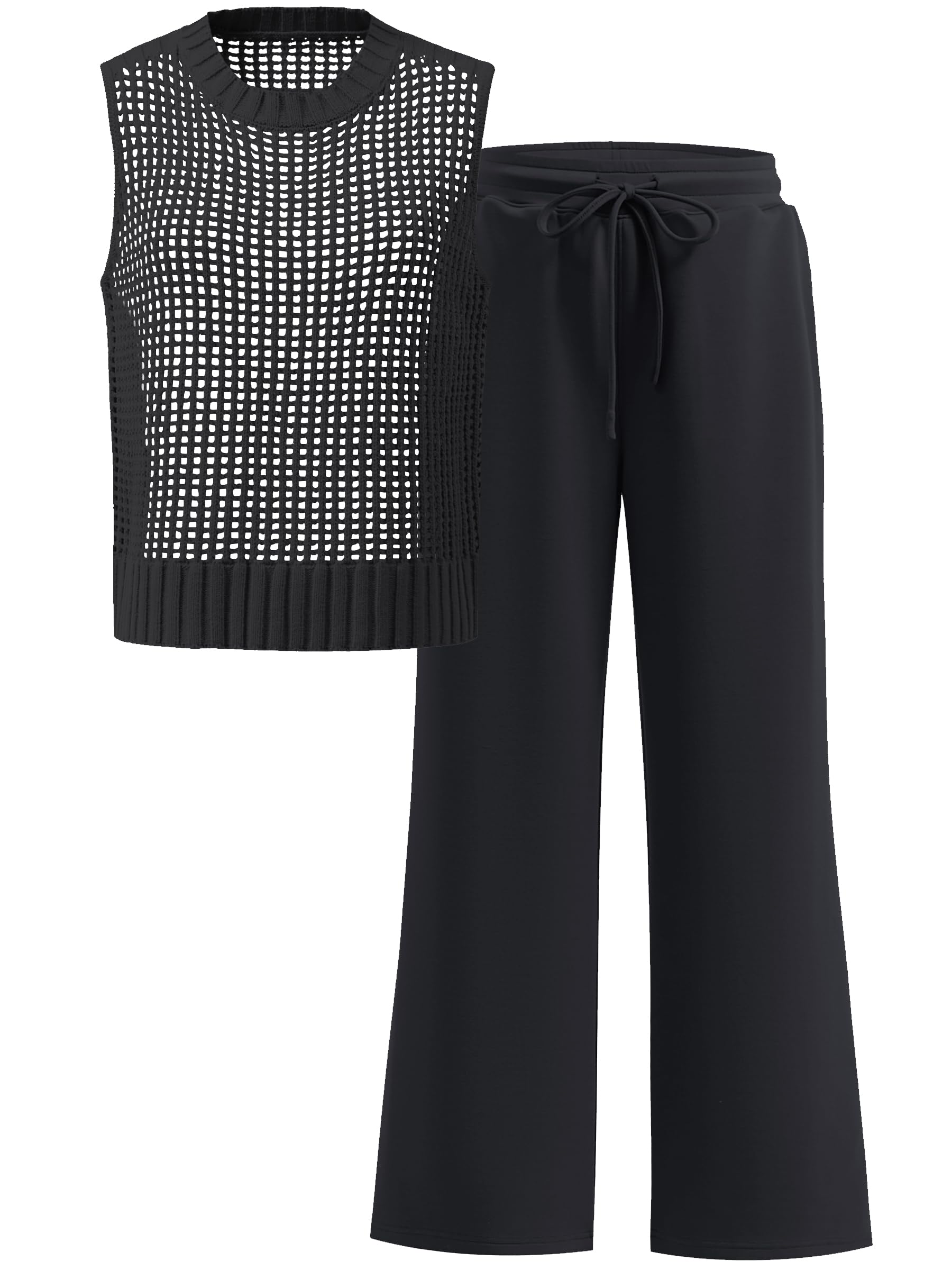Photo 1 of ANRABESS Women 2 Piece Summer Outfits 2025 Crochet Sweater Vest Wide Leg Pants Lounge Matching Sets Travel Vacation Clothes Black Medium