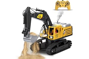 MNJCK Remote Control Excavator Toys for Boys, Rc Digger Construction Vehicles with Metal Shovel, One-Click Simulated Smoke, 6