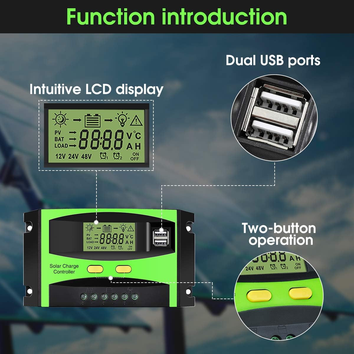 MOHOO Solar Charge Controller, 30A Solar Charger Controller, 12V/24V Solar Panel Intelligent Regulator with Dual USB Port and PWM LCD Display (Upgraded) : Garden & Outdoor