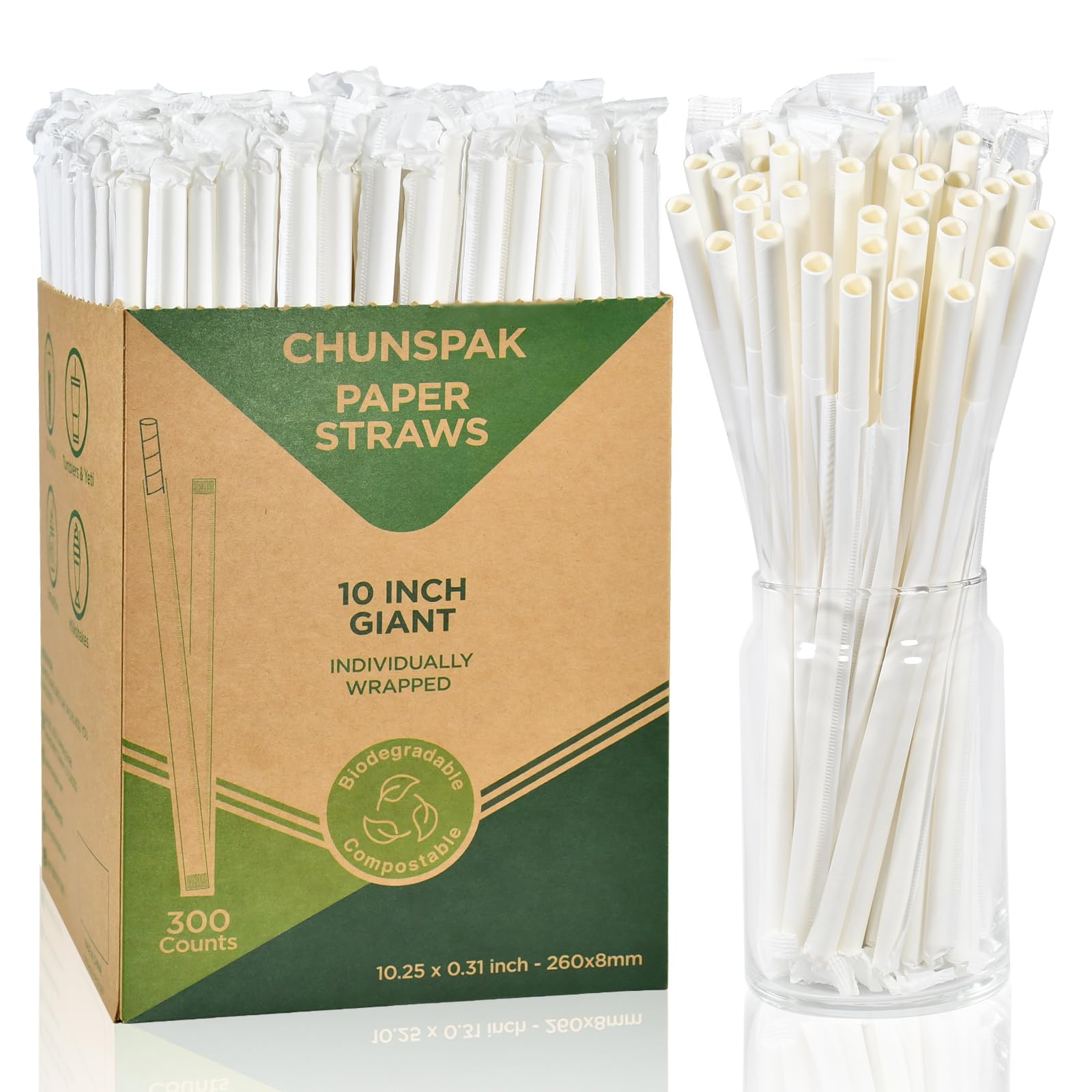 Disposable Paper Straws, Individually Wrapped, 26 x 0.8 cm, Plain White, for Drinks and Smoothies - Pack of 300