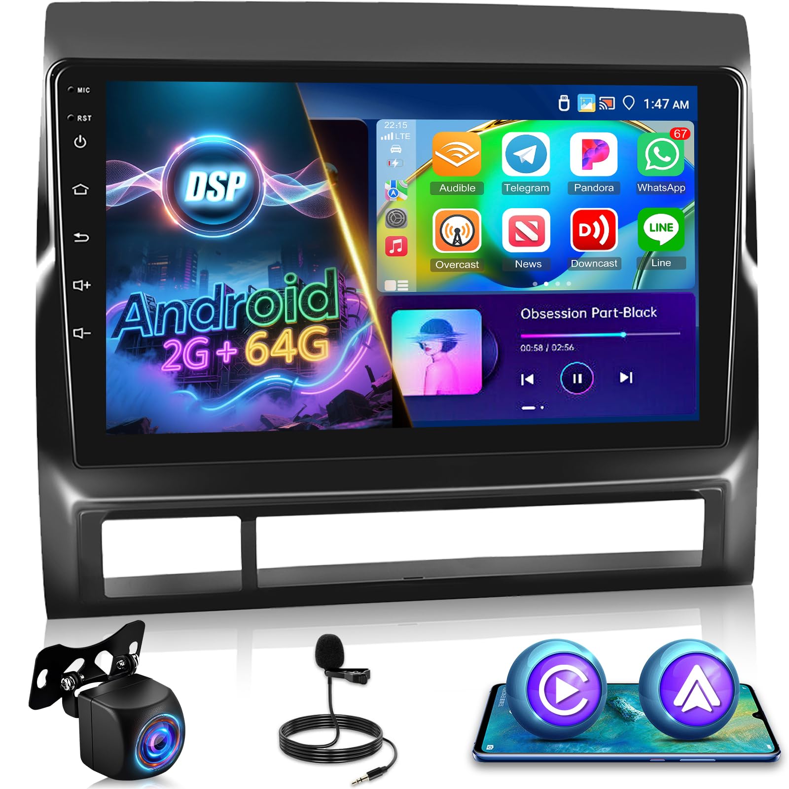 Photo 1 of NHOPEEW Android Stereo for Toyota Tacoma 2005-2013: [2+64G] 9 inch Touchscreen Upgrade Radio - Wireless Carplay and Android Auto, DSP/EQ, 5G/WiFi, GPS, FM/RDS Radio + AHD Backup Camera