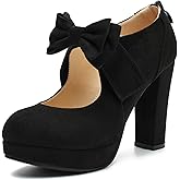 fereshte Women's Platform Mary Jane Pumps with Bow, High Block Heel, Closed Toe, Zip Closure