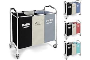 BRIGHTSHOW 3 Section Laundry Basket Sorter,240L Laundry Blanket Cart with Wheels, 16 X 30 X 35 inch Large Laundry Hamper Bag Bin for Dirty Clothes, in Laundry Room,Bathroom, Closet Organizers & Storage- WHITE