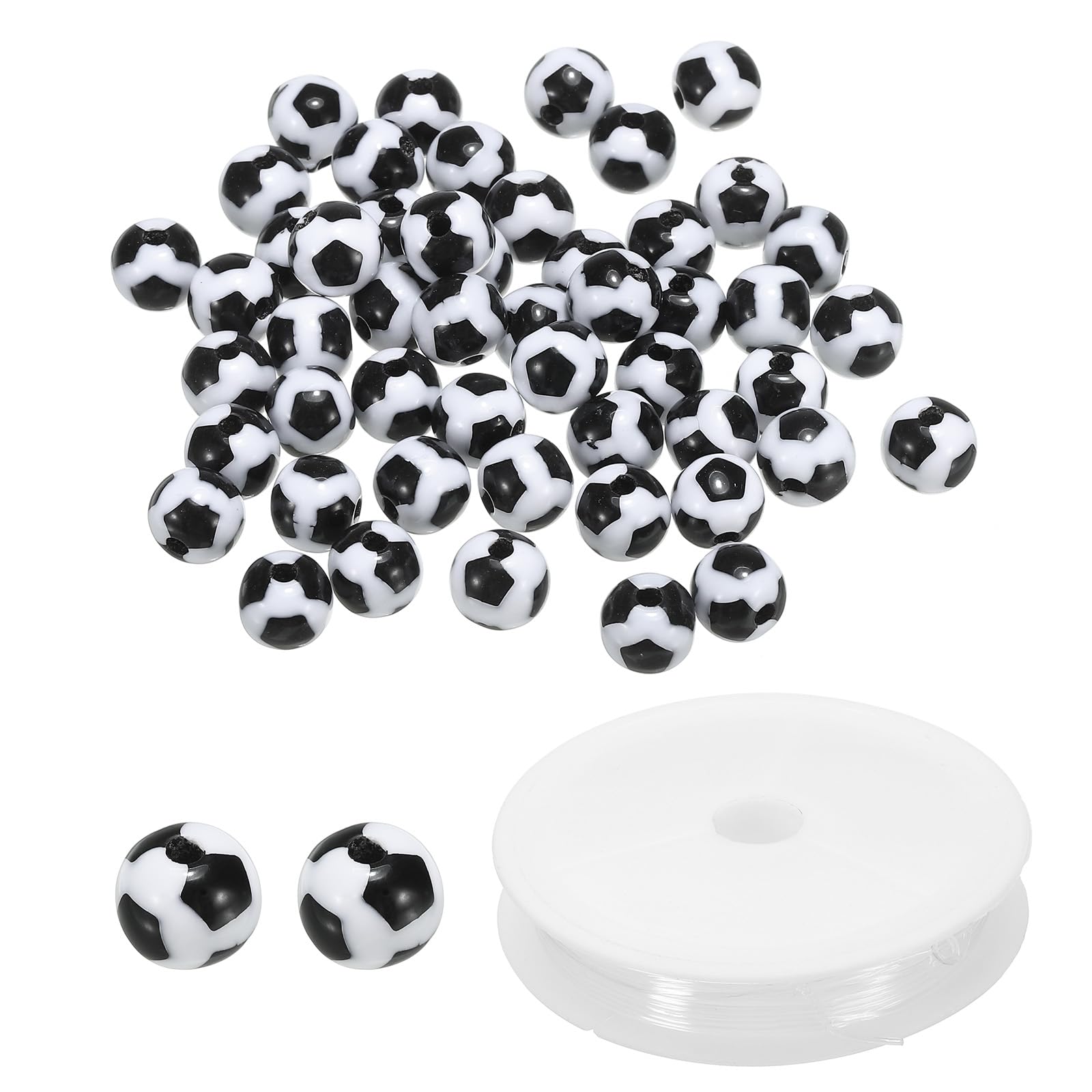PATIKIL 10mm Round Acrylic Football Beads, 50 Pack Sports Ball Beads with 4.4 Yard Elastic Rope for DIY Crafts Bracelet Necklace Making, Black White