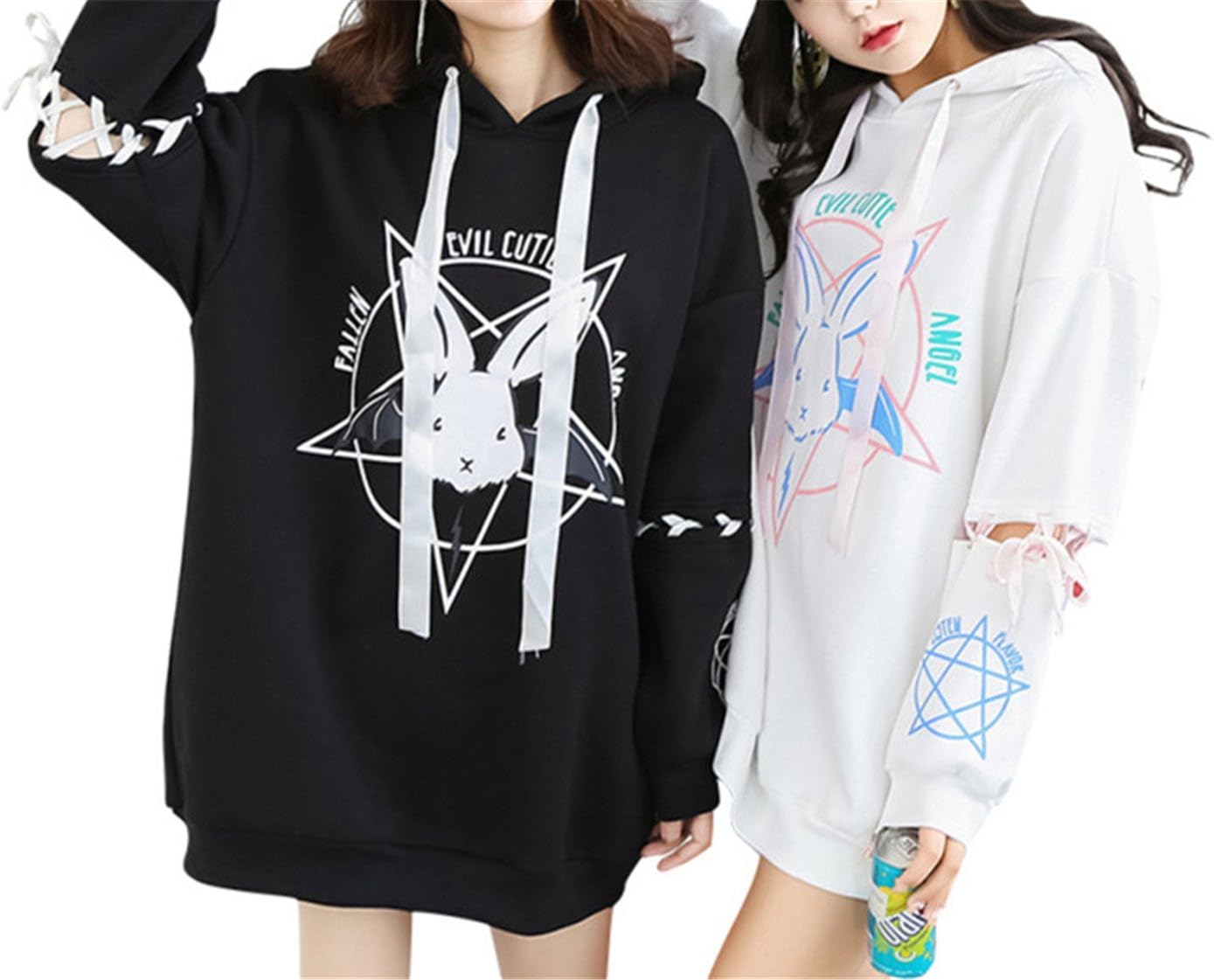 Alaimc Mando Harajuku Style Women Sweatshirt Rabbit Pentacle Print Lace Up Hoodies Casual Loose