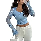 Floerns Women's Floral Mesh Bell Sleeve T Shirt Scoop Neck Going Out Crop Tops