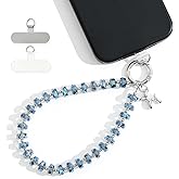 richginker Crystal Phone Wrist Strap Phone Charm Chain Keychain Beaded Cellphone Lanyard with Tether Tab Hands-Free Wristlet Bracelet Wrist Grip Strap for Women, W-Blue