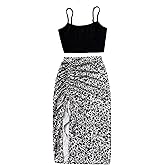 WDIRARA Women's 2 Pieces Outfits Crop Cami Tops and Floral Print Drawstring Split Skirt Set