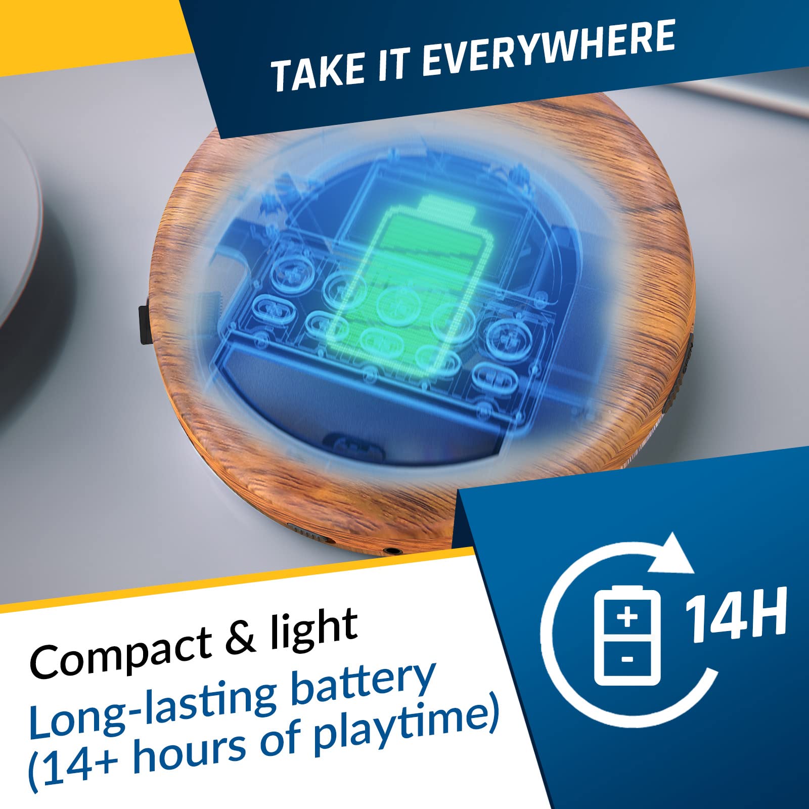 KLIM Nomad Wood - New - Portable CD Player Walkman - Long-Lasting Battery - Includes Headphones - Radio FM - Compatible MP3 CD Player Portable - TF Card Radio FM Bluetooth - Ideal for Cars