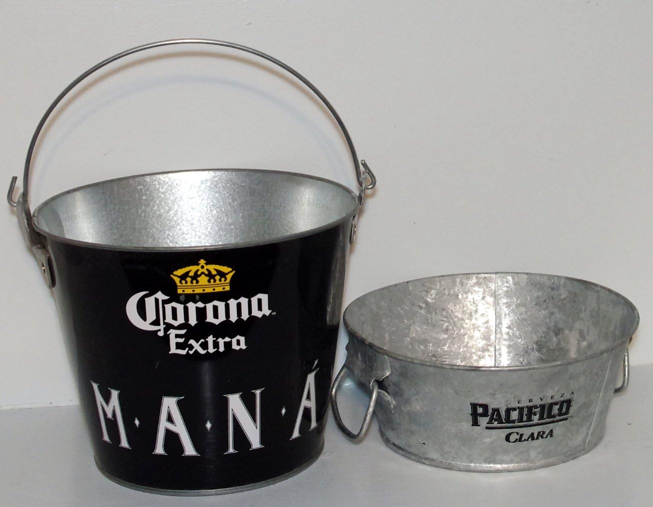 Black Corona Extra Metal Round Ice Bucket With Handle and Cerveza Pacifico Clara Chip Holder/Bowl BUNDLED!