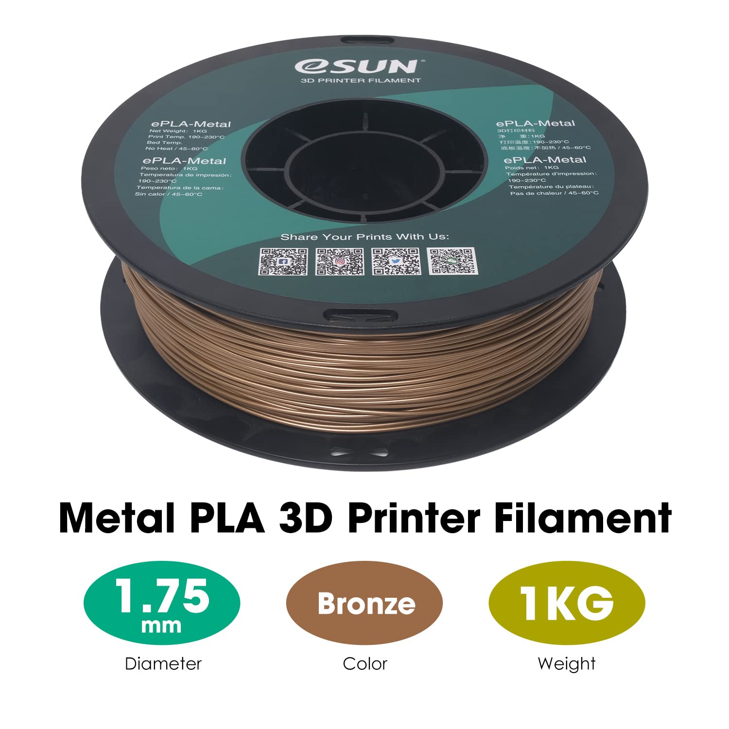 eSUN Metall PLA Filament 1.75mm, Metallisches Sprühfrei 3D Drucker Filament PLA, Maßgenauigkeit +/- 0.05mm, 1KG Spule (2.2 LBS) 3D Druck Filament für 3D Drucker, Bronze 2
