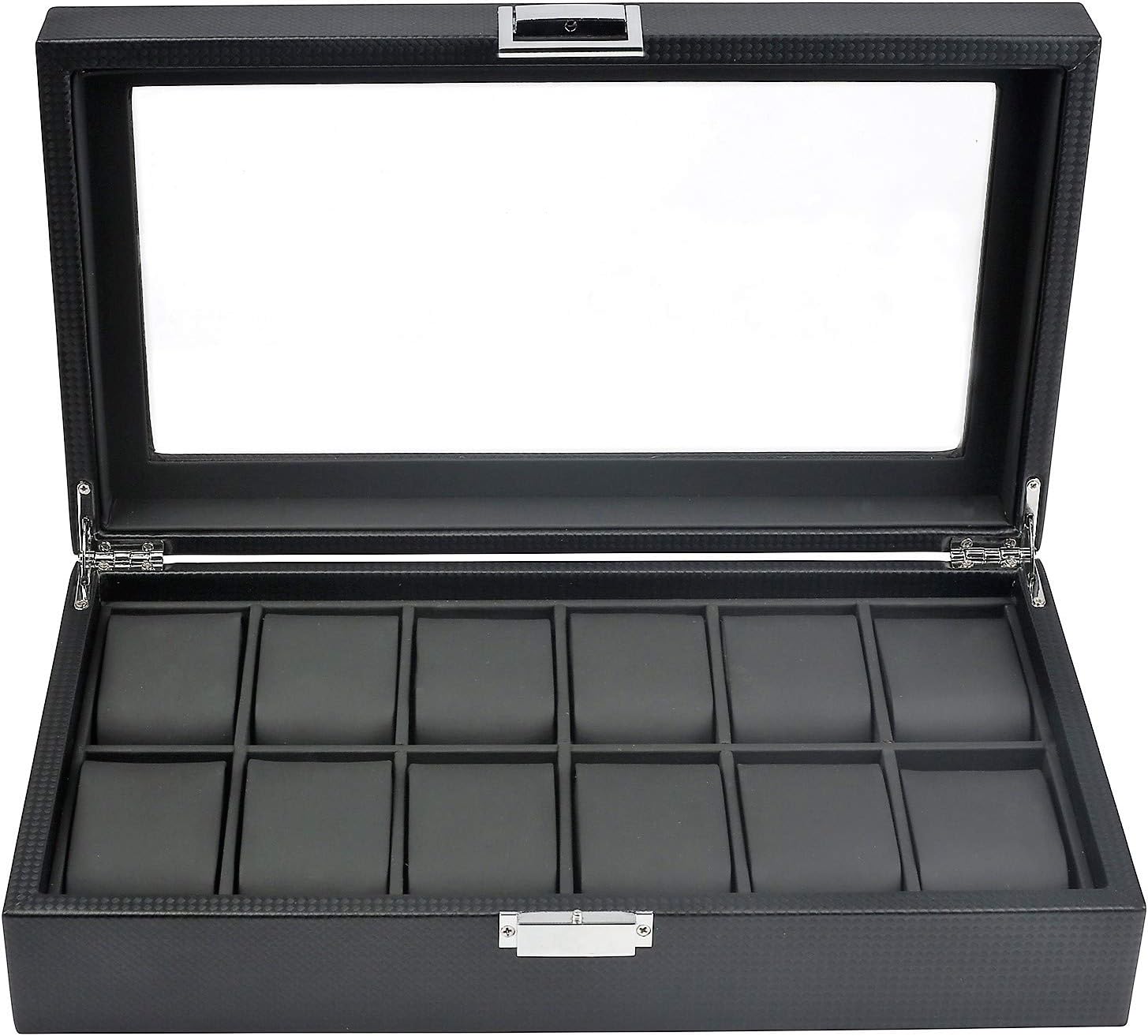 Mantello Watch Box for Men - 12-Slot Accessory Holder for Watches, Bracelets and Cuffs - Glass Lid Window on Carbon Fiber Case with Lock and Metal Hinges - Collection Organizer, Storage and Display: Home Improvement