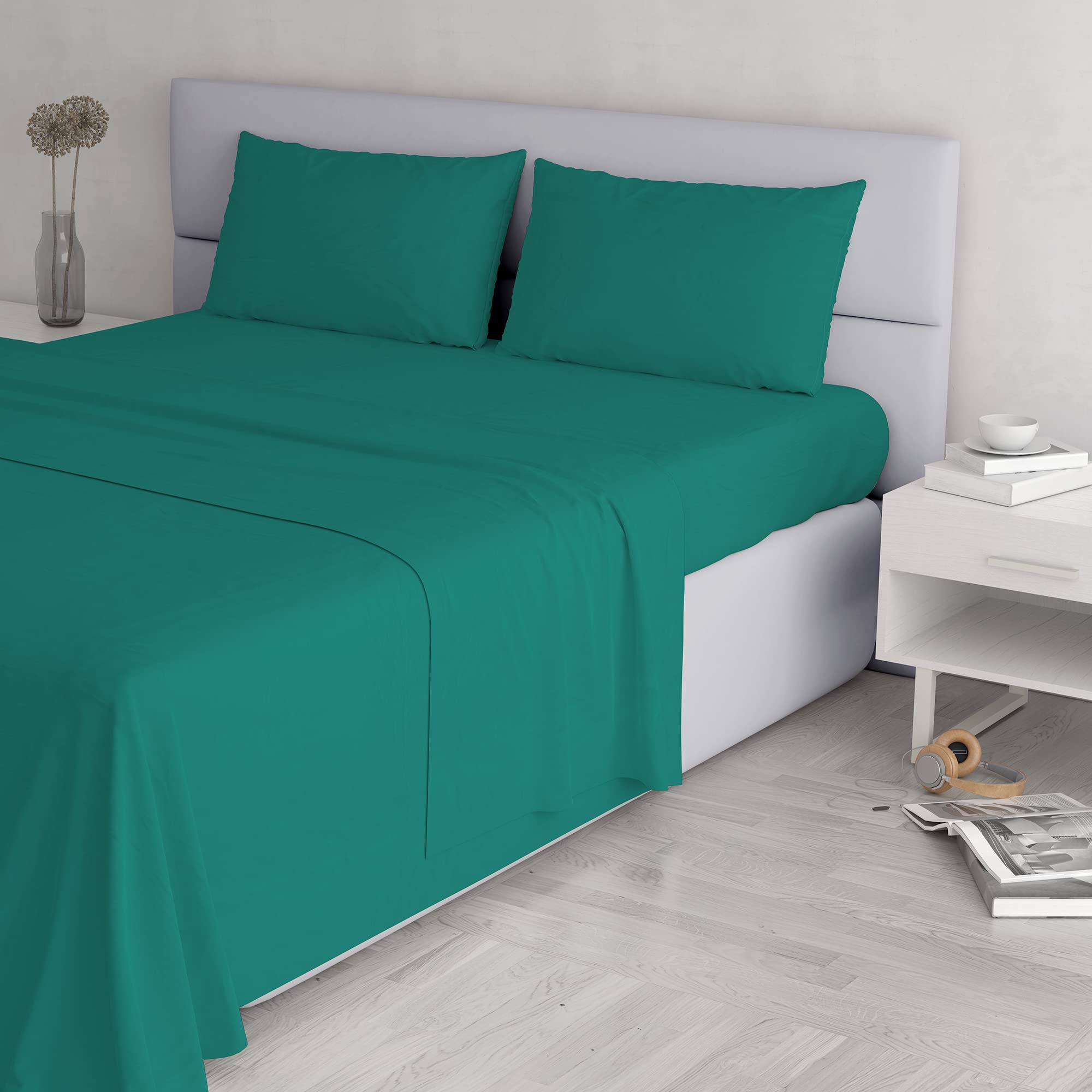 Italian Bed Linen Elegant Bed Linen Set (Flat 250x300, Fitted Sheet 170x200cm+2 Pillowcases 52x82cm), Water Green, DOUBLE