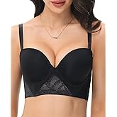 HWDI Strapless Longline Bra for Women Convertible Multiway Lace Corset Lift Up Bras Underwired Plus Size Black, 38C