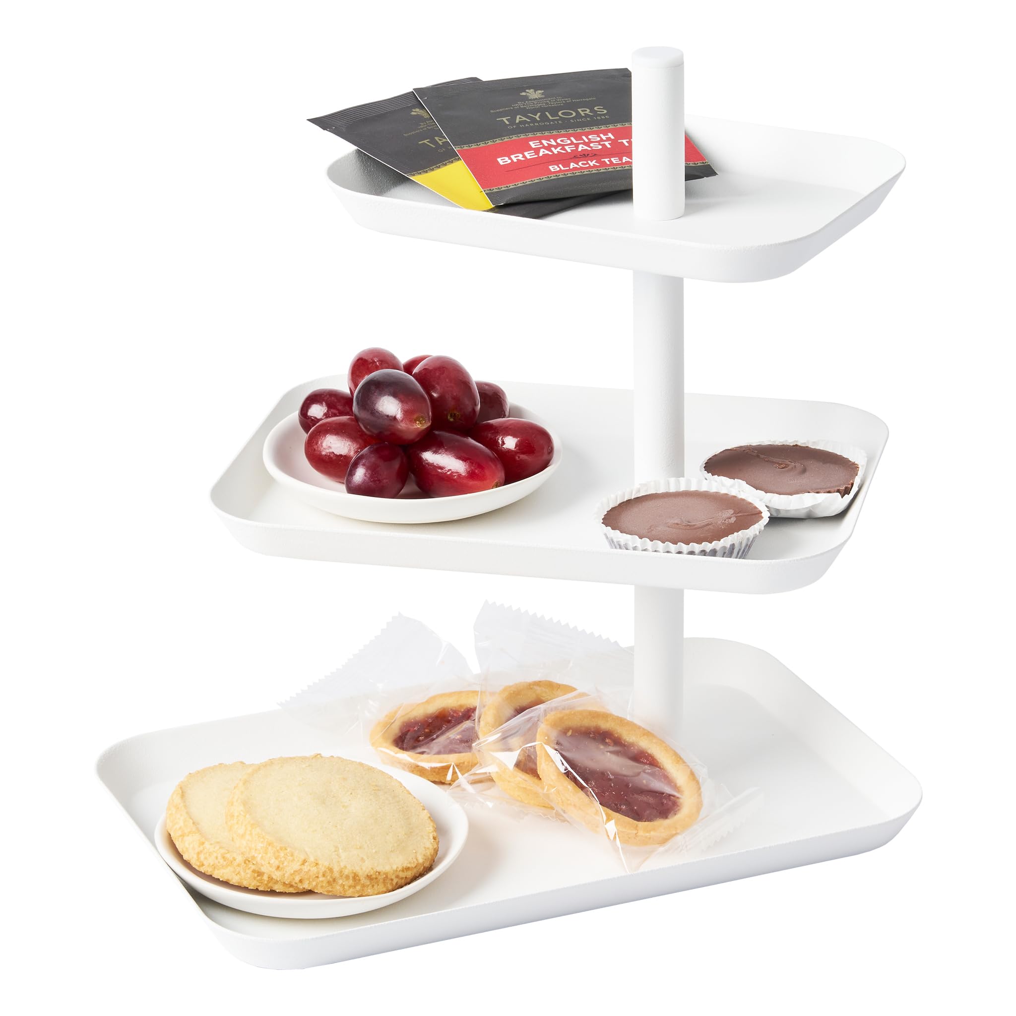 YAMAZAKI Tower 4280 3-tier serving plate for cookies, fruit, cake, steel, white, L 24.7 x W 15.7 x H 25.7 cm
