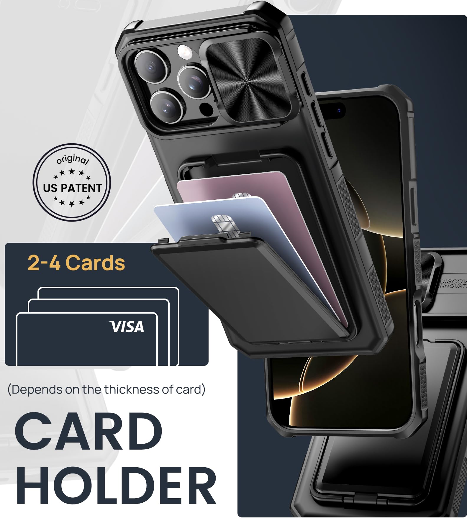 for iPhone 16 Pro Max Case with Card Holder & Kickstand & Slide Camera Lens Cover, Silicone Edge Protection Rugged Heavy Duty Phone Case Cover for iPhone 16 Pro Max 6.9'' 2024, Black