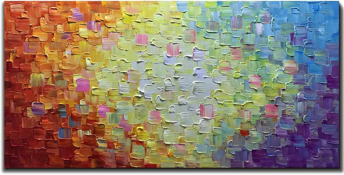 Paintings - V-inspire Art, 24x48 Inch Texture Lattice Abstract 3D Hand-Painted Oil Paintings Modern Home Decoratio Gradient Canvas Wall Art Wood Inside Framed Ready for Hang