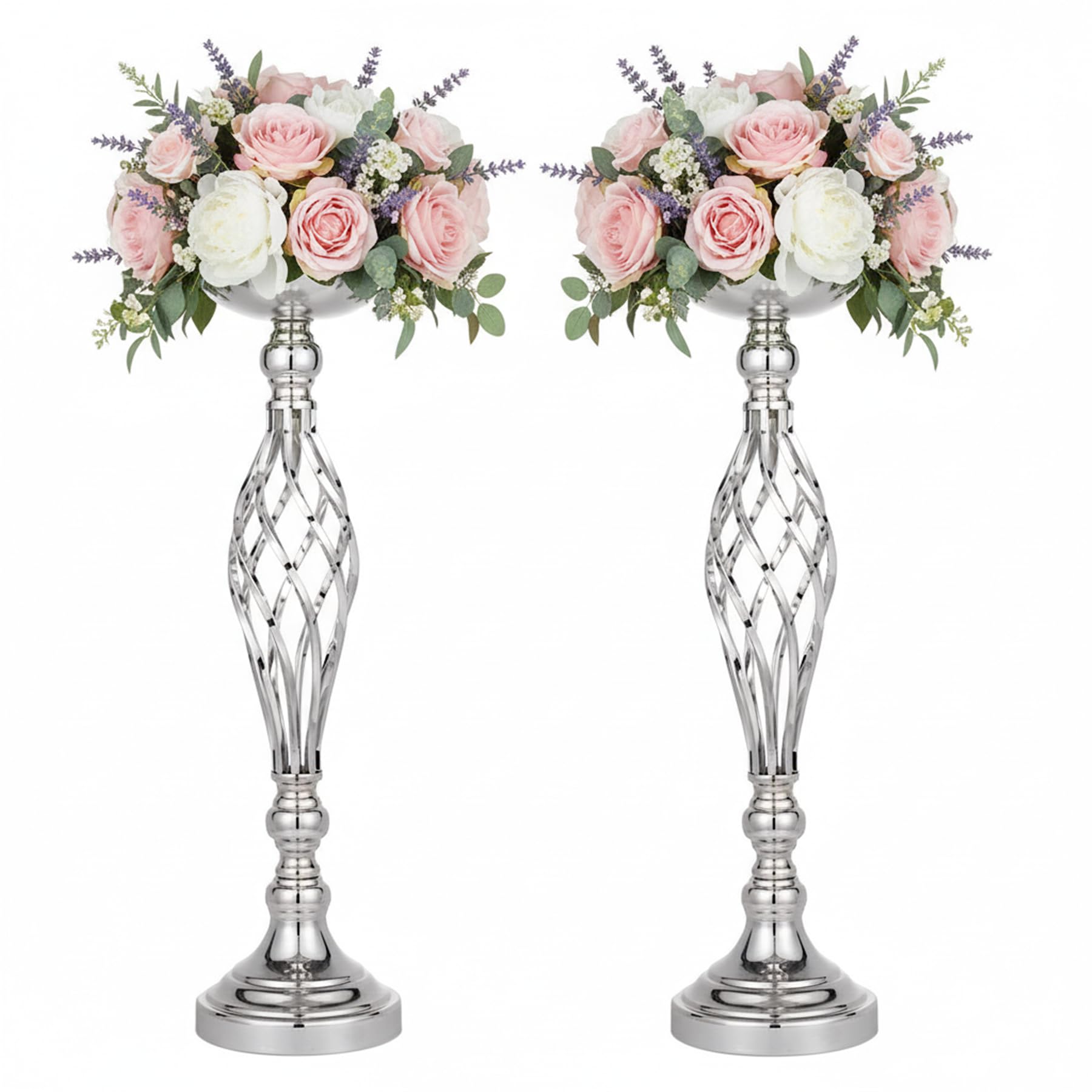 LoveCat Wedding Centerpieces for Reception Tables, Twist Candleholder Stands, Silver Metal, 20.47" (52cm) High, 2 Pack