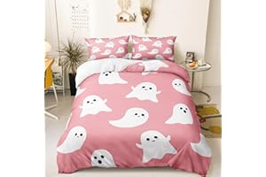 BEDORM Cute Ghost Duvet Cover Set Pink Halloween Bedding Set Queen Size Skull Ghost White Cartoon Printed Design Kawaii Ghost Festival Decor Pink Girls Comforter Cover