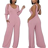 Women's Casual 2 Piece Outfits Ribbed Knitted Batwing Long Sleeve Cardigan Tank Wide Leg Jumpsuits Sets With Pocket