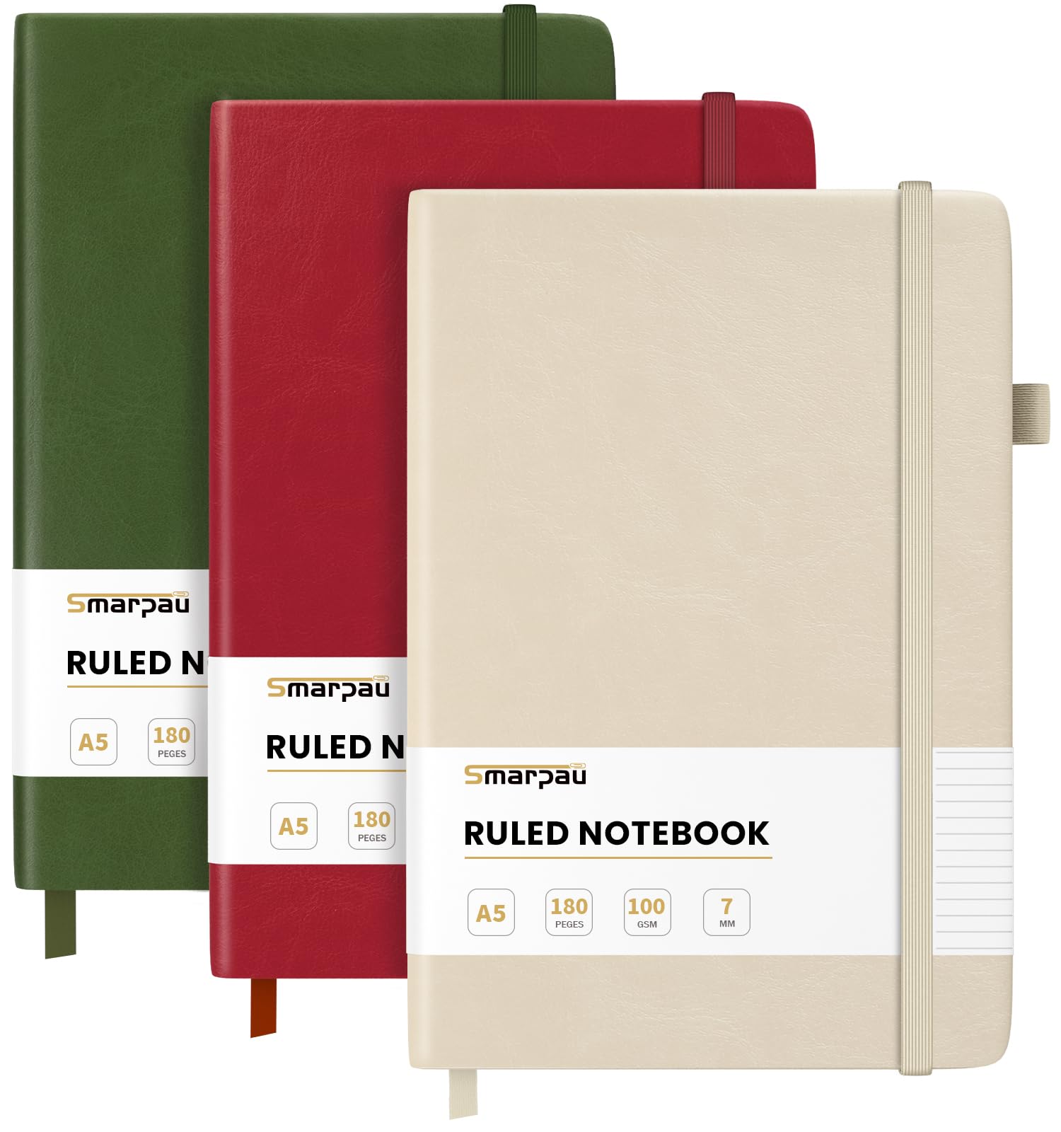 Smarpau 3 Pack Notebooks A5, Hardcover Leather Journal with 100gsm Thick Paper, 540 Pages Composition Notepads for Women Men Work School, 14.5 x 21cm - Beige, Olive Green, Red