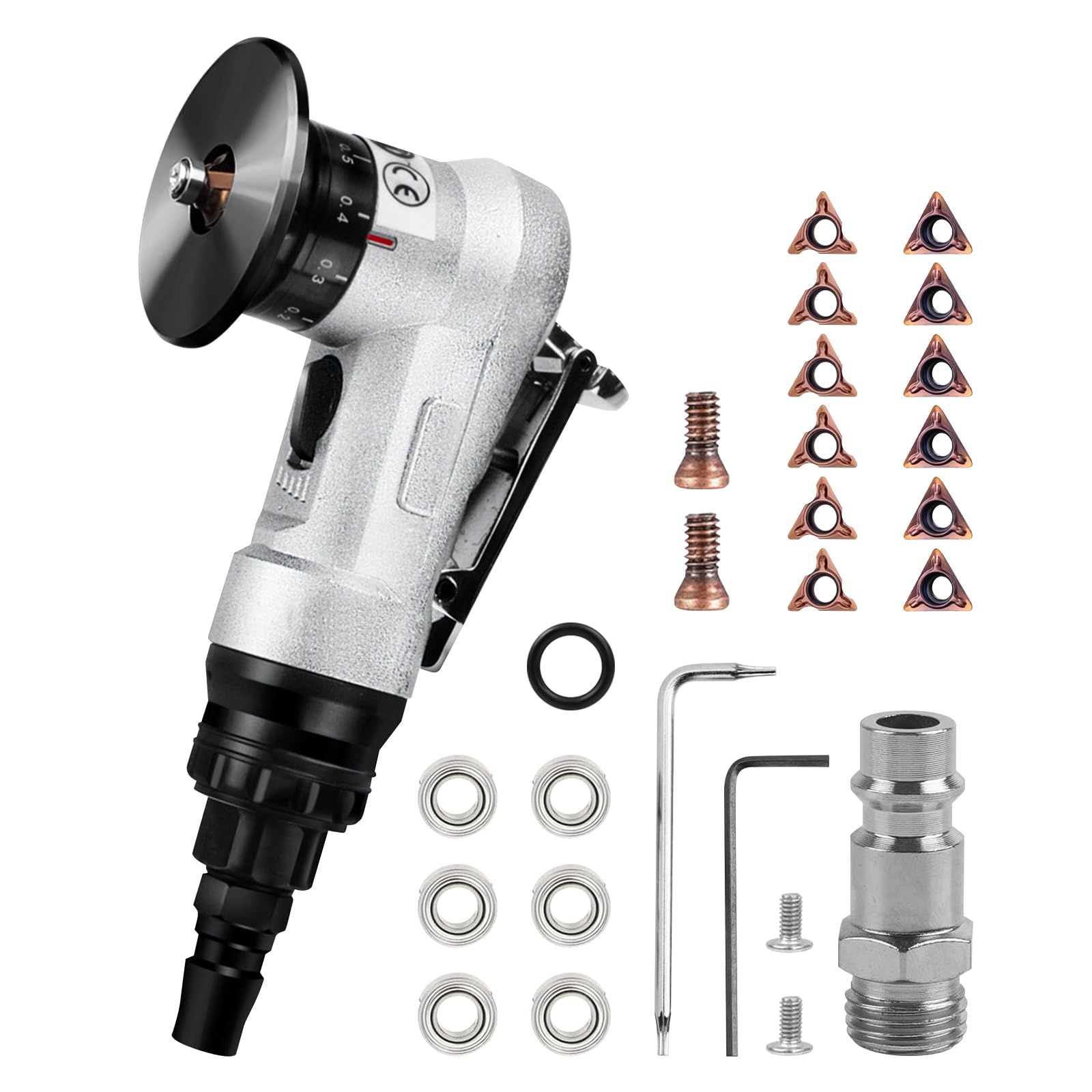 Mini Pneumatic Chamfering Machine, Aluminum Aloy Handheld 45 Degree Arc Air Beveling Machine with Replace Blades for Metal Trimming Chamfer Deburring (6 R Inserts + 6 C Inserts + 6 Bearing)