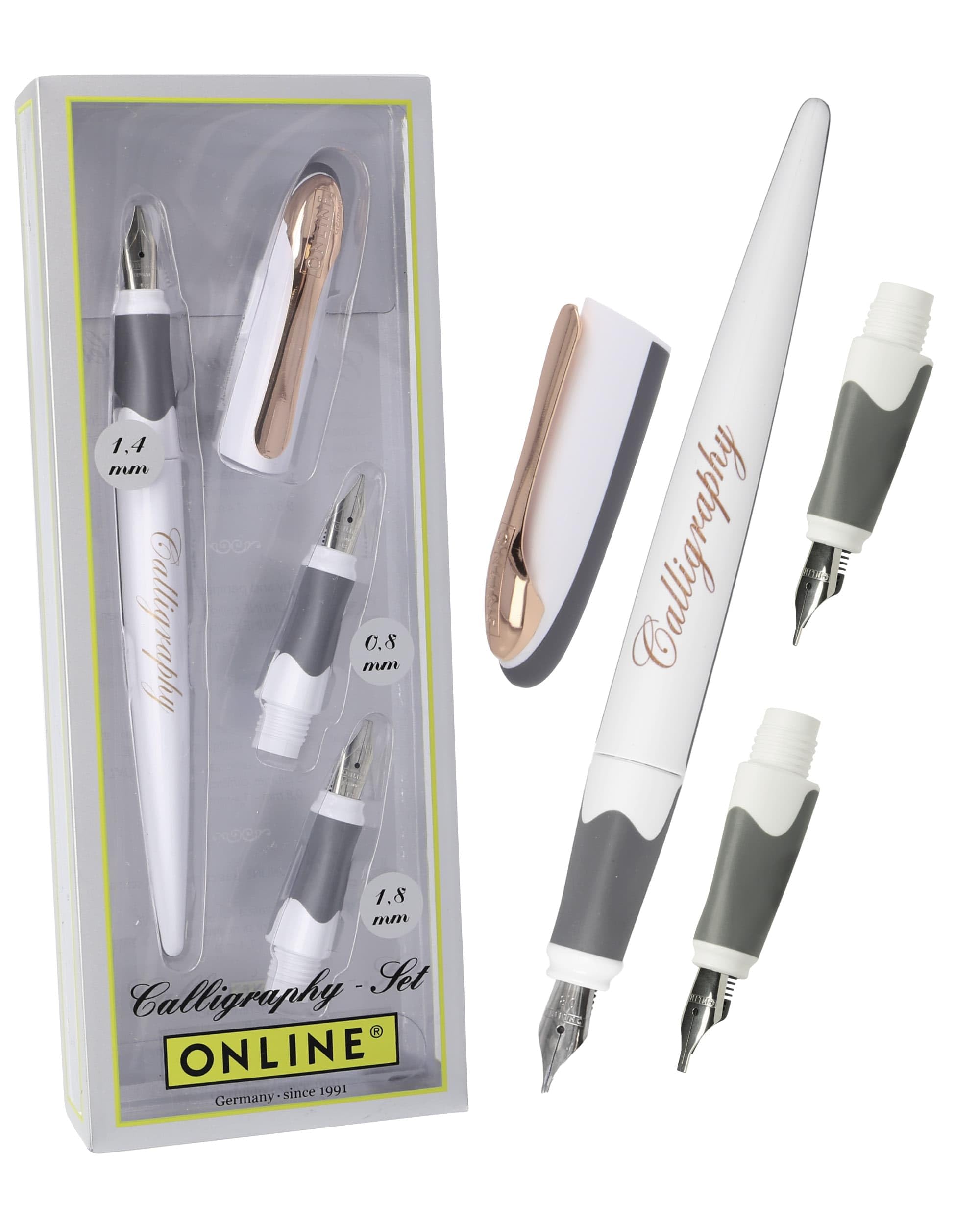 Online calligraphy-set AIR white rose, fountain pen with 3 calligraphy nibs in 3 line widths 0.8/1.4/1.8 mm, standard ink cartridges or converter, gift set for writing fans, journaling, lettering