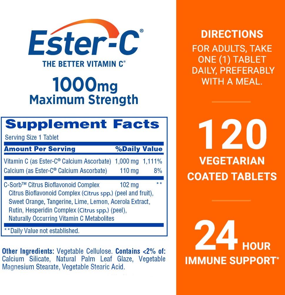 Vitamin C by Ester-C, 24 Hour Immune Support, 1000mg Vitamin C, 120 Coated Tablets: Health & Personal Care