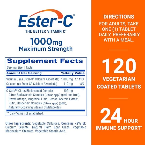 ESTER-C VITAMIN C 1000 MG COATED TABLETS, IMMUNE SYSTEM BOOSTER, STOMACH-FRIENDLY SUPPLEMENT, 120 COUNT