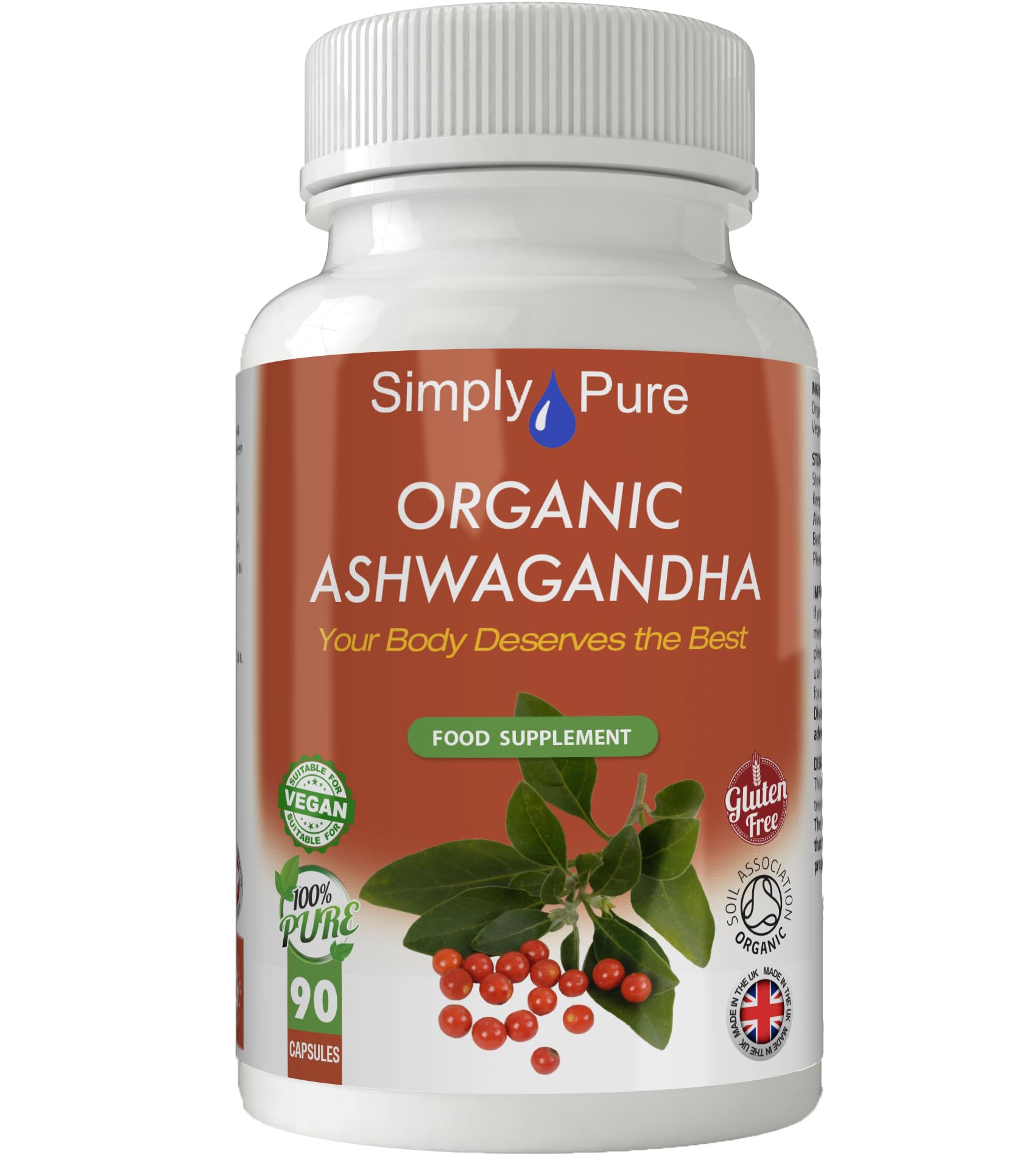 Simply Pure Organic Ashwagandha for Calm, Sleep & Stress Resilience | 500mg Capsules x 90 | 100% Pure Soil Association Certified | High Strength | with Natural KSM-66 | Gluten Free | GM Free | Vegan
